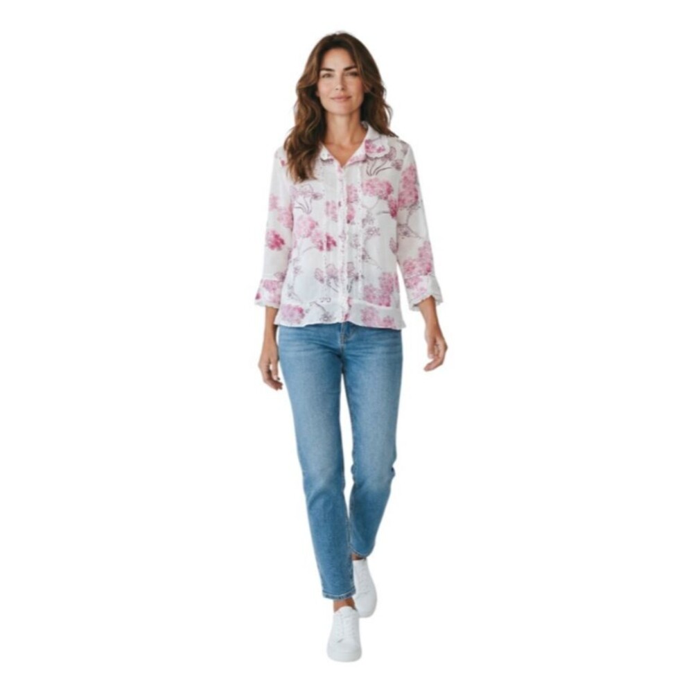 Anthropologie Floral Pintuck Ruffle Trim Cotton Blouse Size 10 - Picture 2 of 9
